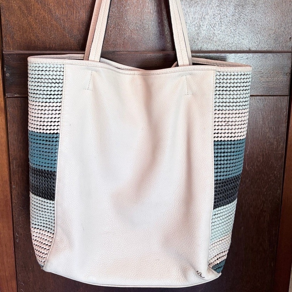 Elliott Lucca White Leather Woven Tote Bag Teal Navy Mixed Media Boho Beach